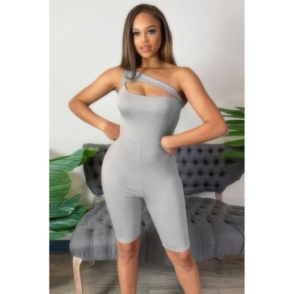 One Shoulder Romper Womens Small Gray New Cutout Biker Short Jumpsuit